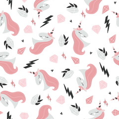 Fototapeta na wymiar Cute childish seamless pattern with unicorn, crystals, hearts, stars. Vector illustration. Pink, black and grey elements on white background. Simple ornament for children. Lovely cartoon texture