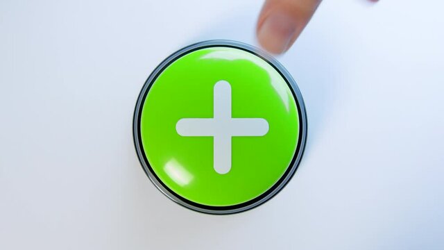 Woman pushing button with a plus sign, mathematical symbol. Number operations of addition, calculation. Supporting an opinion, increasing rating of an answer. Wanting more. User liking, enjoying post.