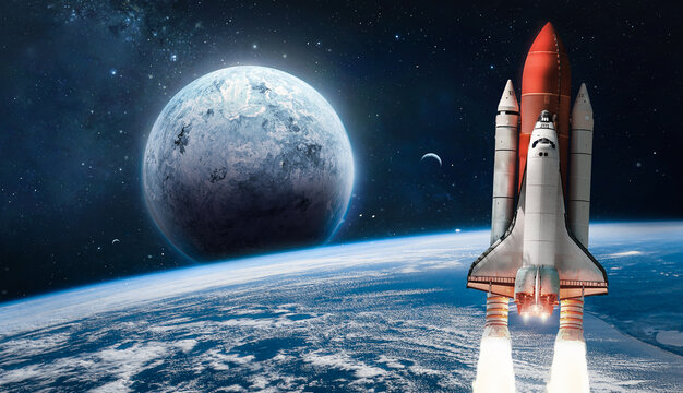 Space shuttle launch in the open space over the Earth. Ocean and sky under space ship. Planets in deep space. Elements of this image furnished by NASA
