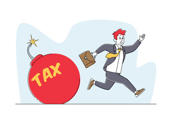 Frightened Businessman Character Running from Huge Red Bomb with Burning Fuse and Tax Inscription. Financial Problems