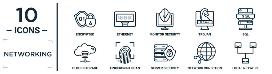 networking linear icon set. includes thin line encrypted, monitor security, sql, fingerprint scan, network conection, local network, cloud storage icons for report, presentation, diagram, web design