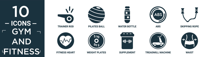 filled gym and fitness icon set. contain flat trainer rod, pilates ball, water bottle, abs, skipping rope, fitness heart, weight plates, supplement, treadmill machine, waist icons in editable.