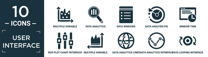 filled user interface icon set. contain flat multiple variable continuous chart, data analytics, data windows, data analysis pie chart interface, window time, box plot chart interface, multiple.