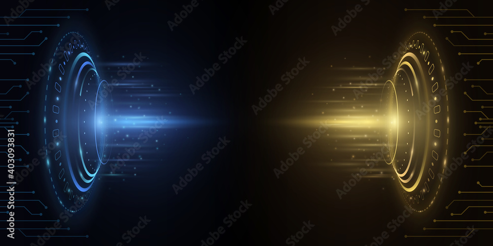 Poster futuristic hud interface circles. yellow and blue flash with rays and particles. computer circuit bo