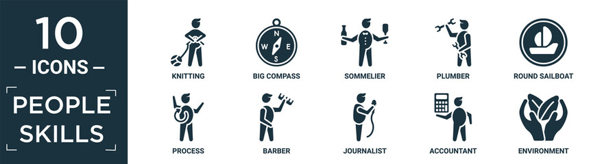 filled people skills icon set. contain flat knitting, big compass, sommelier, plumber, round sailboat, process, barber, journalist, accountant, environment icons in editable format..