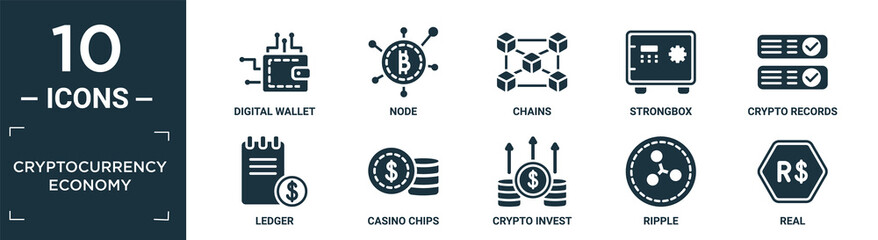 filled cryptocurrency economy icon set. contain flat digital wallet, node, chains, strongbox, crypto records, ledger, casino chips, crypto invest, ripple, real icons in editable format..