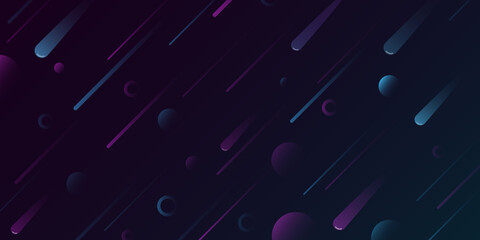 Stylish space background for your modern design. Futuristic, falling purple and blue meteorites in galaxy. Abstract cosmic concept. Vector illustration