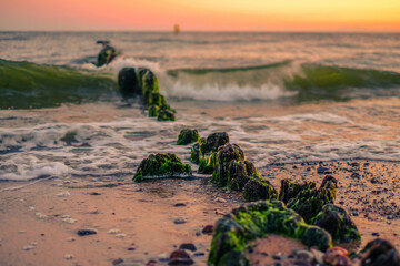 Polskie morze i plaża o wschodzie słońca