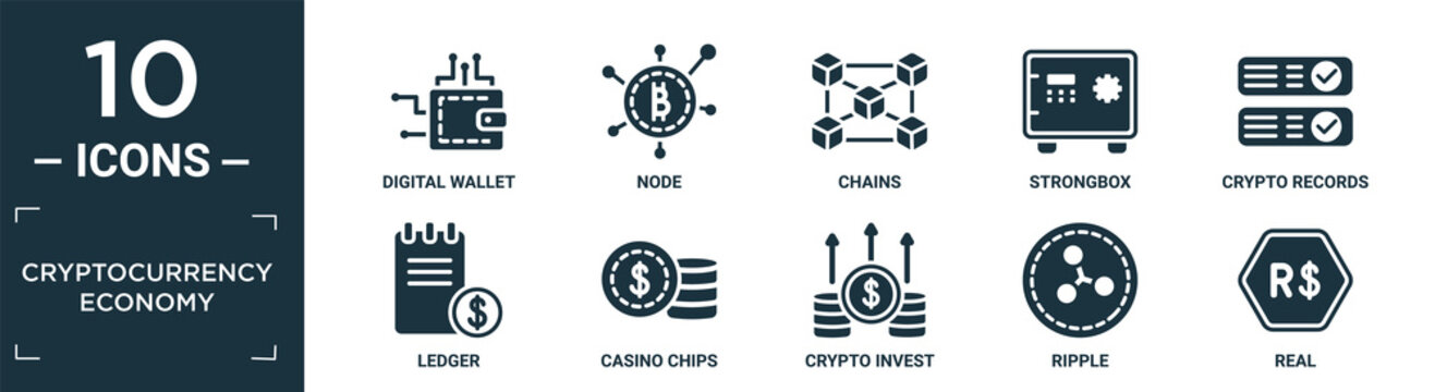 Filled Cryptocurrency Economy Icon Set. Contain Flat Digital Wallet, Node, Chains, Strongbox, Crypto Records, Ledger, Casino Chips, Crypto Invest, Ripple, Real Icons In Editable Format..