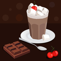 Illustration of a glass of cocoa with marshmallows on a saucer, a teaspoon, a chocolate bar and a cherry on a brown background. Flat style. Can be used in web design, printing, as wallpaper, banner