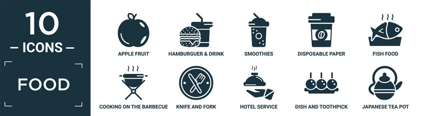 filled food icon set. contain flat apple fruit, hamburguer & drink, smoothies, disposable paper cup, fish food, cooking on the barbecue, knife and fork, hotel service, dish and toothpick, japanese.