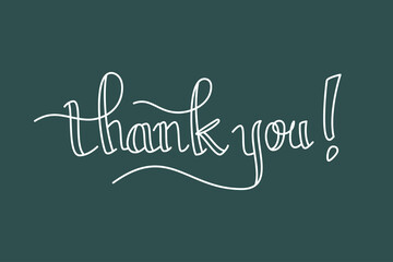 Thank You Card. White Text Handwritten Calligraphy Lettering with Outline Style isolated On Tidewater Green Background. Flat Vector Illustration Design Template Element for Greeting Cards.