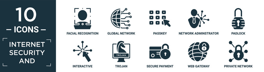 filled internet security and icon set. contain flat facial recognition, global network, passkey, network adminstrator, padlock, interactive, trojan, secure payment, web gateway, private network.
