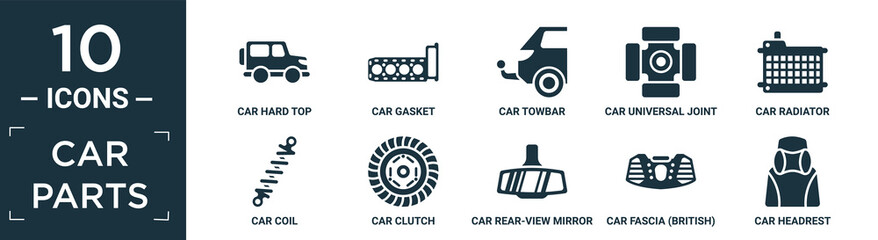 filled car parts icon set. contain flat car hard top, car gasket, car towbar, universal joint, radiator, coil, clutch, rear-view mirror, fascia (british), headrest icons in editable format..