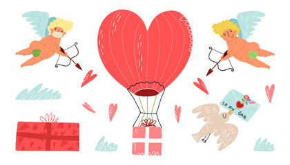 Valentine's Day set. Cupid in face mask and without it,bow, arrow, heart, bird with love mail, gift, air-ballon delivery