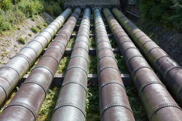 Water pipes at the Walchensee hydroelectric power plant. Symbol for emission free power generation.
