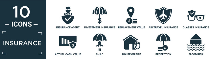 filled insurance icon set. contain flat insurance agent, investment insurance, replacement value, air travel glasses actual cash value, child, house on fire, protection, flood risk icons in editable.