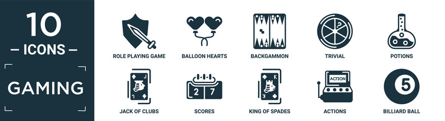 filled gaming icon set. contain flat role playing game, balloon hearts, backgammon, trivial, potions, jack of clubs, scores, king of spades, actions, billiard ball icons in editable format..