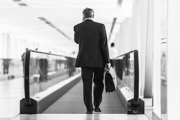 Businessman walking in the airport while talking on a mobile phone.