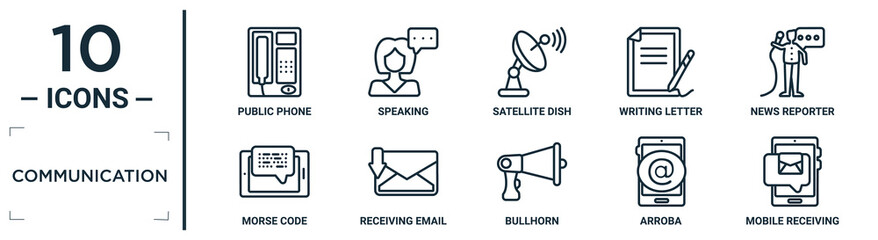 communication linear icon set. includes thin line public phone, satellite dish, news reporter, receiving email, arroba, mobile receiving email, morse code icons for report, presentation, diagram, © Digital Bazaar