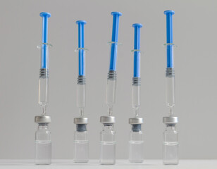 Covid-19. Five vaccine vials with five syringes ready to inject to vaccinate