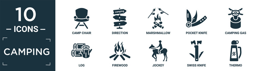 filled camping icon set. contain flat camp chair, direction, marshmallow, pocket knife, camping gas, log, firewood, jockey, swiss knife, thermo icons in editable format..