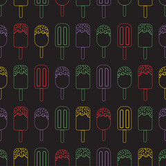 Vector pattern with colorful ice creams. Black background.
