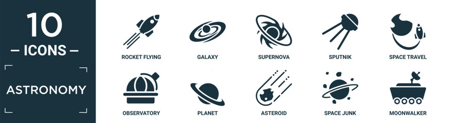 filled astronomy icon set. contain flat rocket flying, galaxy, supernova, sputnik, space travel, observatory, planet, asteroid, space junk, moonwalker icons in editable format.. © Digital Bazaar