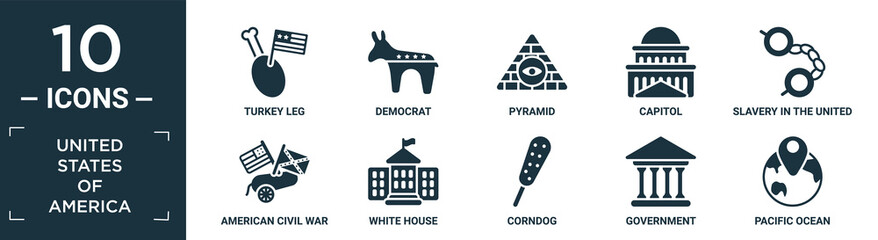 filled united states of america icon set. contain flat turkey leg, democrat, pyramid, capitol, slavery in the united states, american civil war, white house, corndog, government, pacific ocean icons.