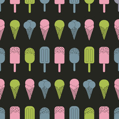 Vector pattern with colorful ice creams. Black background.
