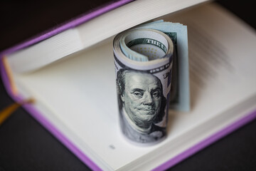 roll of 100 dollars in violet book