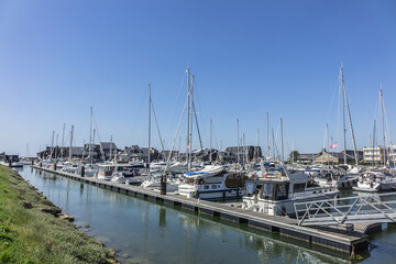 Many boats and yachts in Deauville harbor. Deauville, Normandy, France.