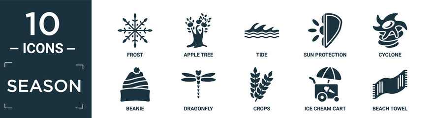 filled season icon set. contain flat frost, apple tree, tide, sun protection, cyclone, beanie, dragonfly, crops, ice cream cart, beach towel icons in editable format..