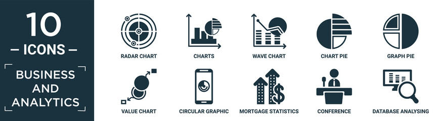 filled business and analytics icon set. contain flat radar chart, charts, wave chart, chart pie, graph pie, value circular graphic of mobile, mortgage statistics, conference, database analysing.