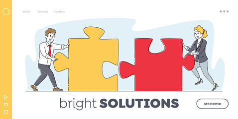 Collective Work, Partnership Landing Page Template. Office Characters Assemble Huge Separated Puzzle Pieces, Teamwork