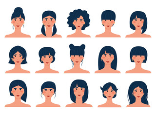 set of 15 brunette avatars with different hairstyles. Isolated image of a European girl with dark hair. Hairstyle options. Vector illustration.