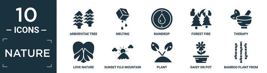 filled nature icon set. contain flat arborvitae tree, melting, raindrop, forest fire, therapy, love nature, sunset fuji mountain, plant, daisy on pot, bamboo plant from japan icons in editable.