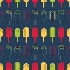 Vector pattern with colorful ice creams.  Dark blue background.
