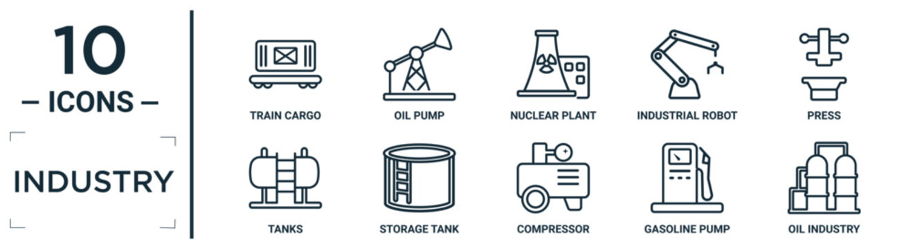 industry linear icon set. includes thin line train cargo, nuclear plant, press, storage tank, gasoline pump, oil industry, tanks icons for report, presentation, diagram, web design