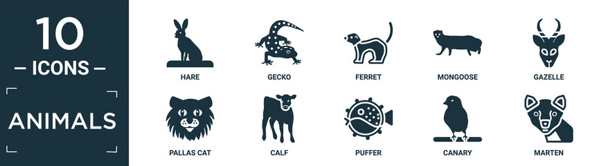 filled animals icon set. contain flat hare, gecko, ferret, mongoose, gazelle, pallas cat, calf, puffer, canary, marten icons in editable format..
