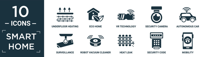 filled smart home icon set. contain flat underfloor heating, eco home, vr technology, security camera, autonomous car, surveillance, robot vacuum cleaner, heat leak, security code, mobility icons in.