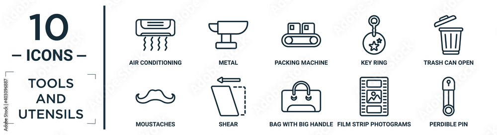 Poster tools.and.utensils linear icon set. includes thin line air conditioning, packing machine, trash can 