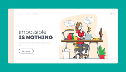 Telephone Communication, Call Operator Landing Page Template. Office Worker Business Woman Working on Laptop at Table