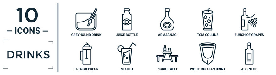 drinks linear icon set. includes thin line greyhound drink, armagnac, bunch of grapes, mojito, white russian drink, absinthe, french press icons for report, presentation, diagram, web design