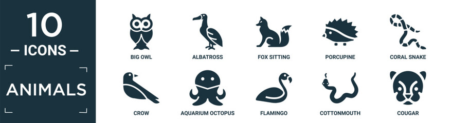 filled animals icon set. contain flat big owl, albatross, fox sitting, porcupine, coral snake, crow, aquarium octopus, flamingo, cottonmouth, cougar icons in editable format.. © Digital Bazaar