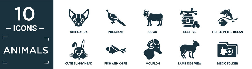 filled animals icon set. contain flat chihuahua, pheasant, cows, bee hive, fishes in the ocean, cute bunny head, fish and knife, mouflon, lamb side view, medic folder icons in editable format..