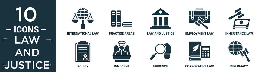 filled law and justice icon set. contain flat international law, practise areas, law and justice, employment law, inheritance policy, innocent, evidence, corporative diplomacy icons in editable.