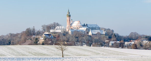 Amazing panorama of Andechs Abbey (Kloster Andechs) during winter season. Magical bavarian winter...