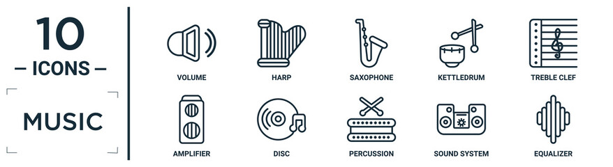 music linear icon set. includes thin line volume, saxophone, treble clef, disc, sound system, equalizer, amplifier icons for report, presentation, diagram, web design