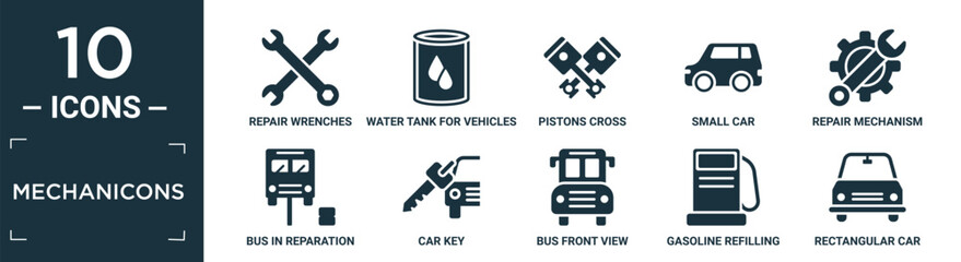 filled mechanicons icon set. contain flat repair wrenches, water tank for vehicles, pistons cross, small car, repair mechanism, bus in reparation, car key, bus front view, gasoline refilling.